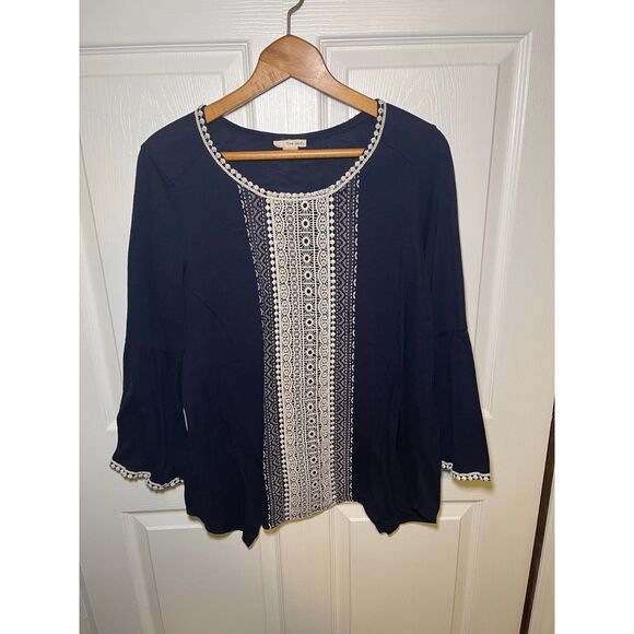 Tru Self Tops - Tru Self Womens 2X Navy Lace Crochet Bell Sleeve Boho Peasant Top